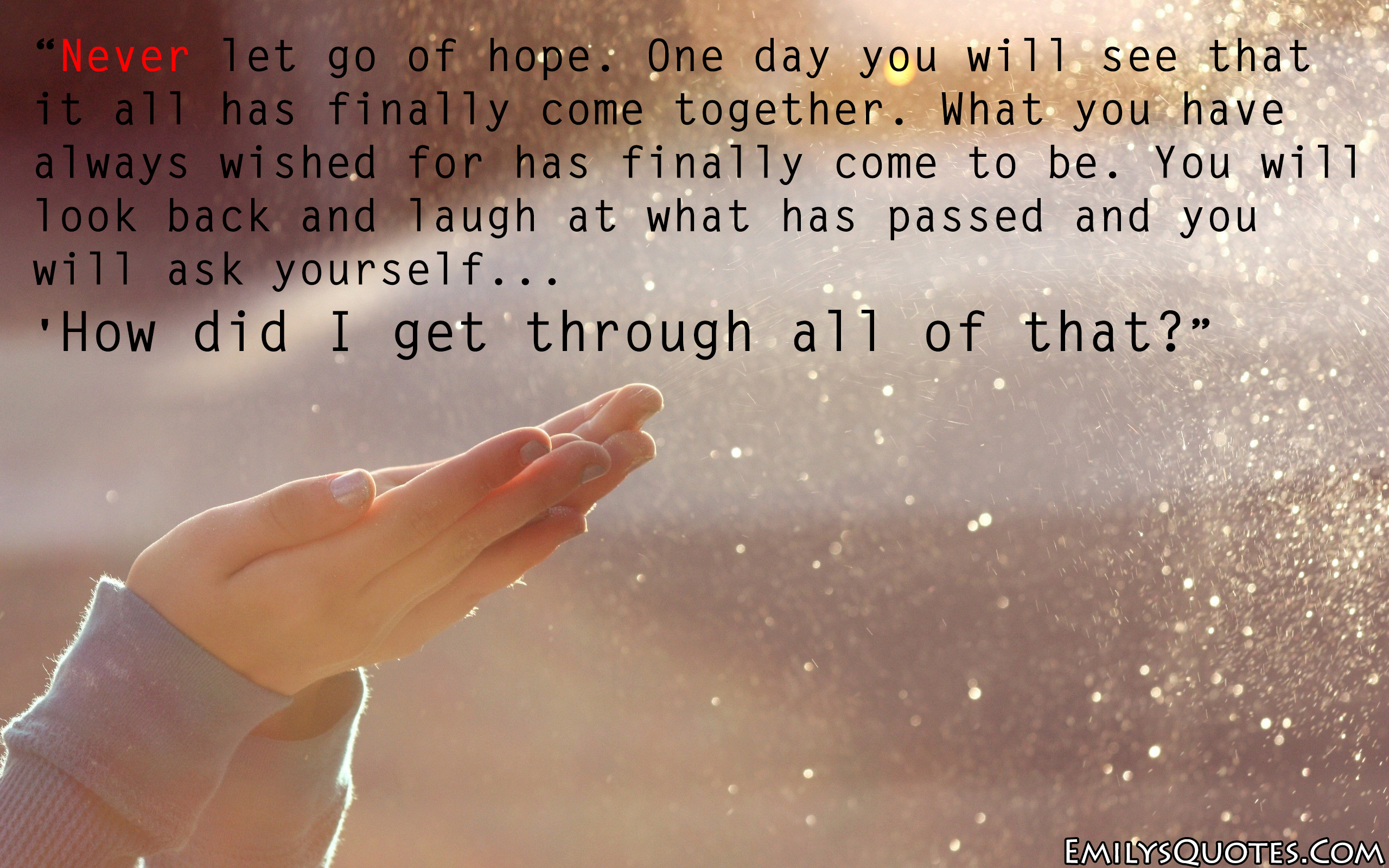 Never let go of hope. One day you will see that it all has finally come together. What you have always wished for