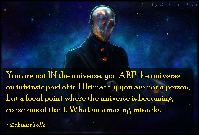 You are not IN the universe, you ARE the universe, an intrinsic part of it. Ultimately you are not a person, but a focal point where the universe is becoming conscious of itself. What an amazing miracle