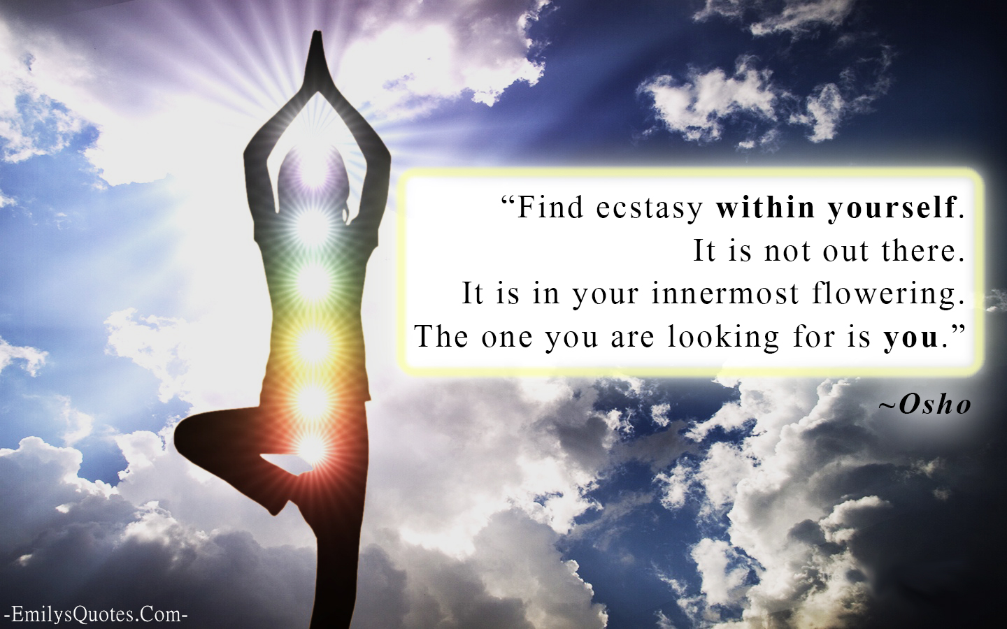 Find ecstasy within yourself. It is not out there. It is in your innermost flowering. The one you are looking for is you