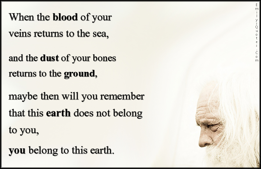 When the blood of your veins returns to the sea and the dust of your bones returns to the ground, maybe then will you remember that this earth does not belong to you, you belong to this earth