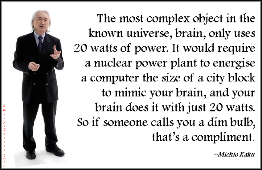 The most complex object in the known universe, brain, only uses 20 watts of power. It would require a nuclear power plant to energise a computer the size of a city block to mimic your brain, and your brain does it with just 20 watts. So if someone calls you a dim bulb, that’s a compliment