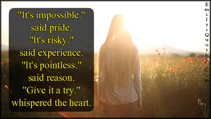 “It’s impossible.”  said pride.  “It’s risky.”  said experience.  “It’s pointless.”  said reason.  “Give it a try.”  whispered the heart.