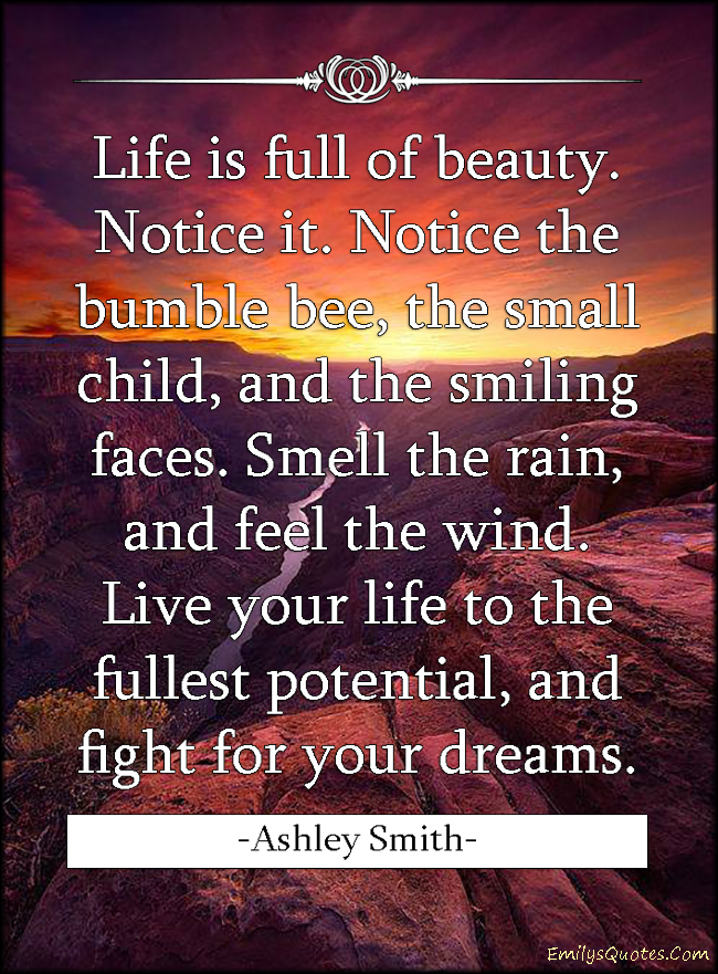 Life is full of beauty. Notice it. Notice the bumble bee, the small child, and the smiling faces. Smell the rain, and feel the wind. Live your life to the fullest potential, and fight for your dreams