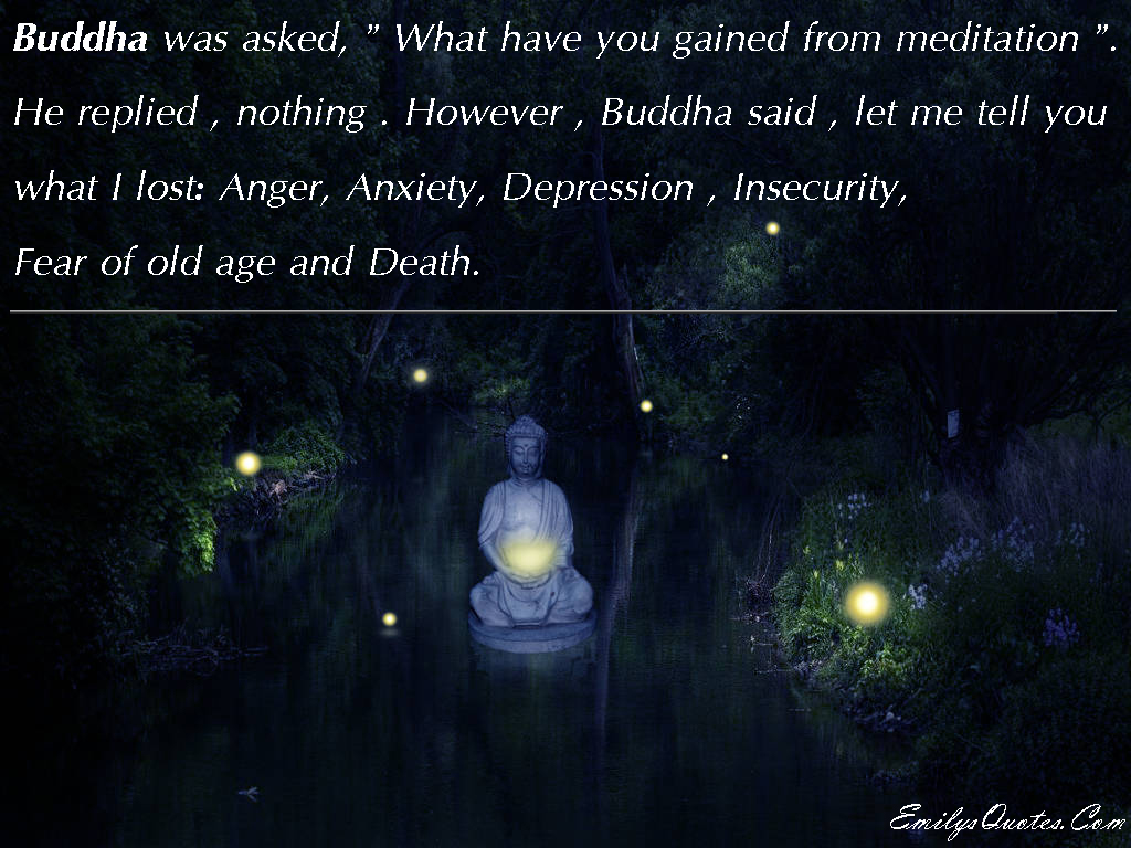 Buddha was asked, ”What have you gained from meditation”. He replied, nothing. However, Buddha said, let me tell you what I lost: Anger, Anxiety, Depression, Insecurity, Fear of old age and Death.