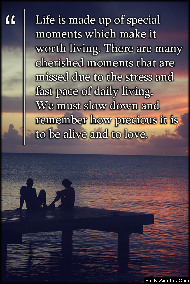 Life is made up of special moments which make it worth living. There are many cherished moments that are missed due to the stress and fast pace of daily living. We must slow down and remember how precious it is to be alive and to love