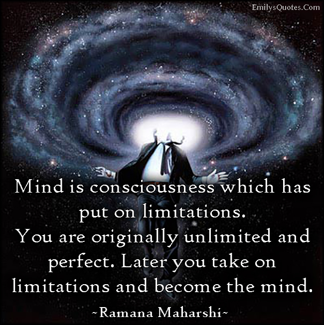 Mind is consciousness which has put on limitations. You are originally unlimited and perfect. Later you take on limitations and become the mind