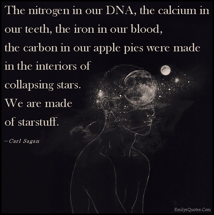 The nitrogen in our DNA, the calcium in our teeth, the iron in our blood, the carbon in our apple pies were made in the interiors of collapsing stars. We are made of starstuff