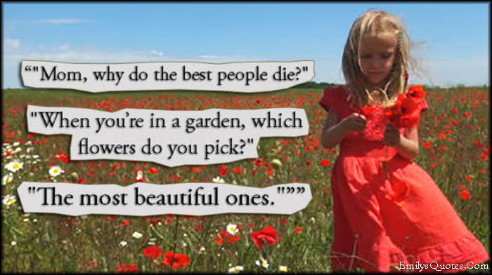 “”Mom, why do the best people die?”  “When you’re in a garden, which flowers do you pick?”  “The most beautiful ones.”””