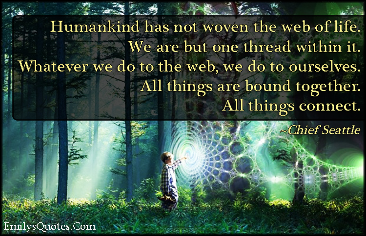 Humankind has not woven the web of life. We are but one thread within it. Whatever we do to the web, we do to ourselves. All things are bound together. All things connect