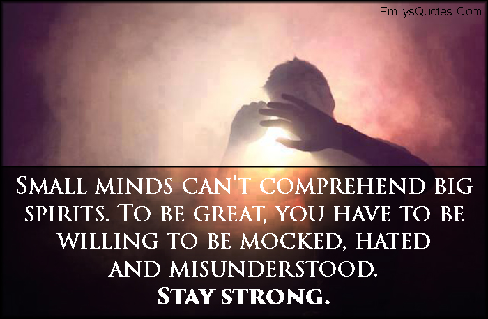 Small minds can’t comprehend big spirits. To be great, you have to be willing to be mocked, hated and misunderstood. Stay strong