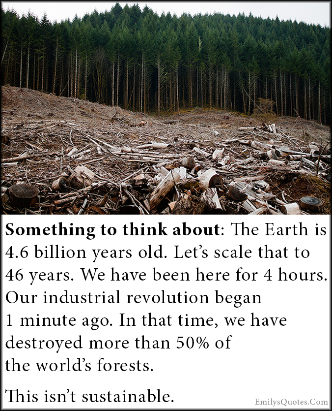 Something to think about: The Earth is 4.6 billion years old. Let’s scale that to 46 years. We have been here for 4 hours. Our industrial revolution began 1 minute ago. In that time, we have destroyed more than 50% of the world’s forests.  This isn’t sustainable.