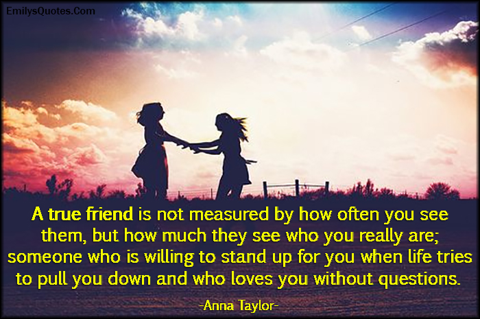 A true friend is not measured by how often you see them, but how much they see who you really are; someone who is willing to stand up for you when life tries to pull you down and who loves you without questions