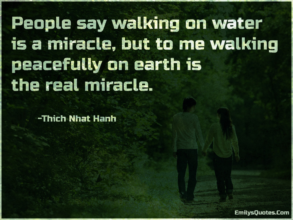 People say walking on water is a miracle, but to me walking peacefully on earth is the real miracle.